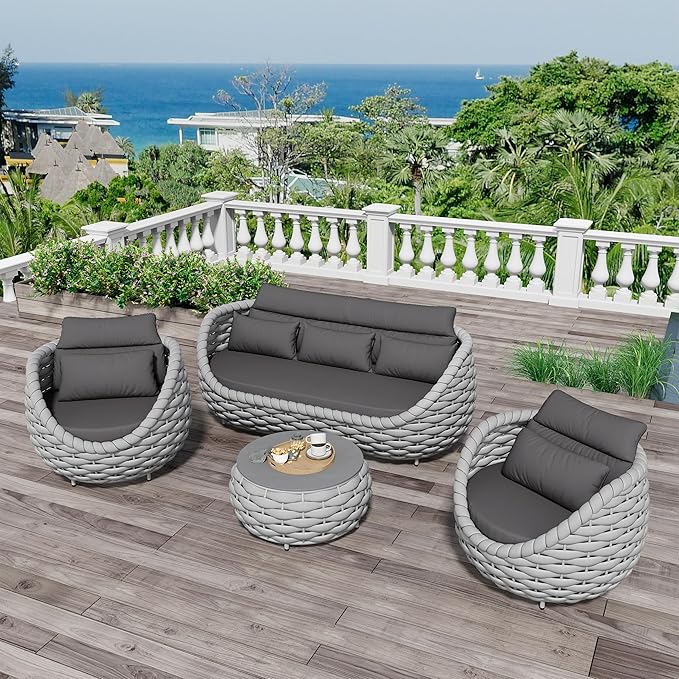 Erotr Woven Rope Patio Furniture Set: 4 Pieces Aluminum Outdoor Conversation Sofa Set Assembled - Modern Couch Set Cushioned - All Weather Metal Porch Seating for 5 Person Deck Garden Hotel Resort
