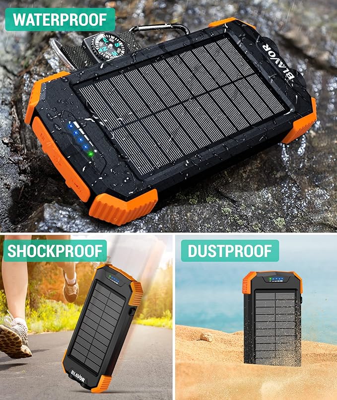 BLAVOR Solar Power Bank 10,000mAh, Portable Wireless Charger, 20W Fast Charging External Battery Pack with USB C for Cell Phones, Solar Panel Charging with Dual Flashlight for Camping