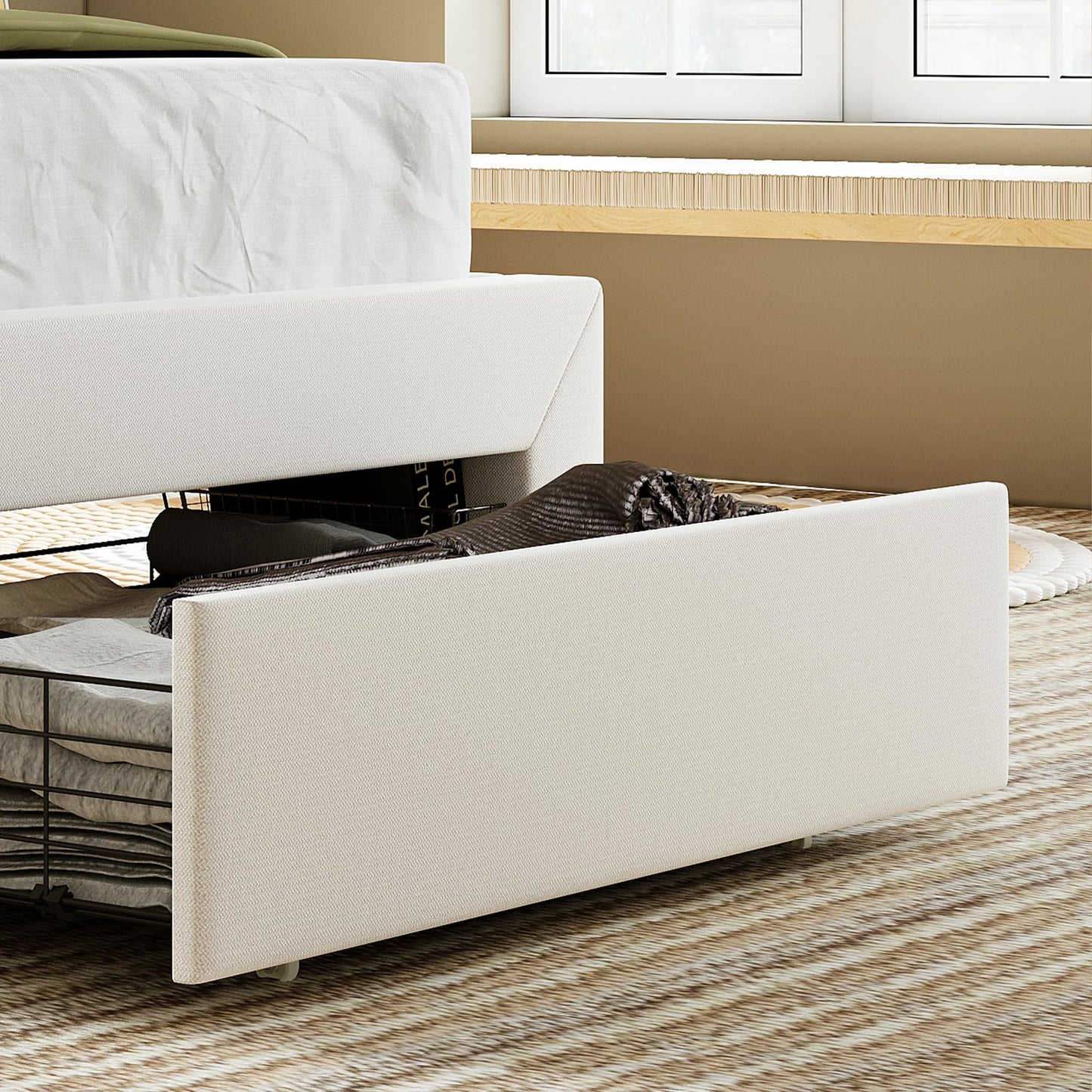 LIKIMIO Twin XL Bed Frame with Under-Bed Drawer, Platform Upholstered Bed with Headboard, No Box Spring Needed/Noise-Free, Beige