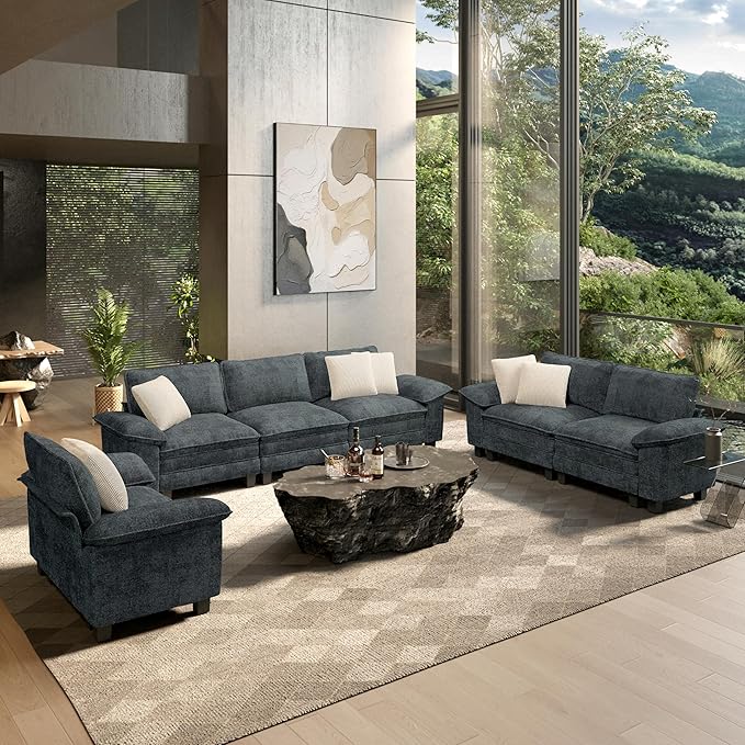 HERA'S HOUSE 3 Pieces Modular Sectional Sofa Sets, Oversized Couch Set with Loveseats and Armchair, Comfy Cloud Couches with Throw Pillows, 6-Seater Sofa for Living Room, Chenille Dark Blue