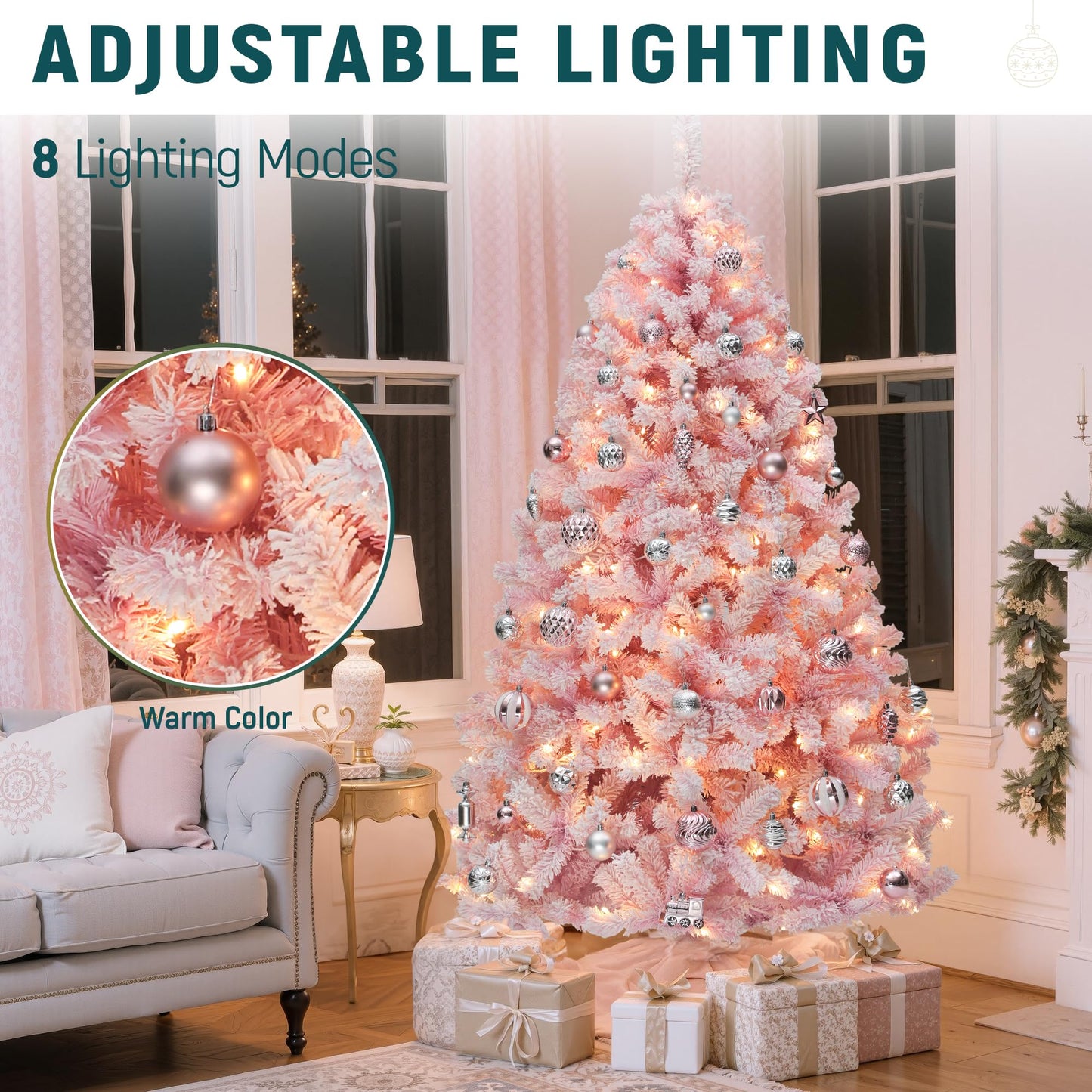 YITAHOME 6 FT Prelit Pink Flocked Spruce Artificial Christmas Tree, Pre-Lit Pink Christmas Tree with 928 PVC Tips and 250 Warm-White Lights for Home, Office Decoration