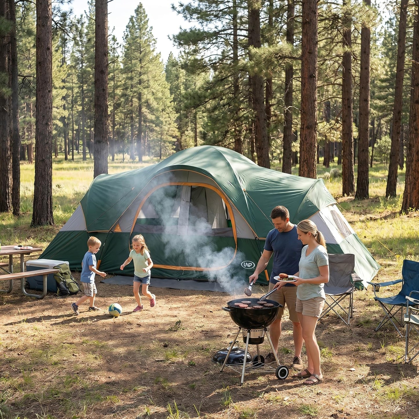 UNP Camping Tent 10-Person-Family Tents, Parties, Music Festival Tent, Big, Easy Up, 5 Large Mesh Windows, Double Layer, 2 Room, Waterproof, Weather Resistant, 18ft x 9ft x78in (Dark Green)