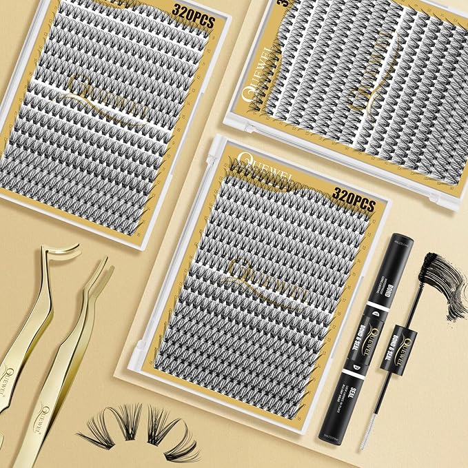 QUEWEL Lash Clusters 320Pcs Cluster Lashes 30D+40D C Curl Lash Cluster Eyelash Extensions Mix9-16mm Individual Eyelashes Clusters Wispy Lash Clusters Thin Band Soft to Use at Home(30D+40D C Mix9-16)
