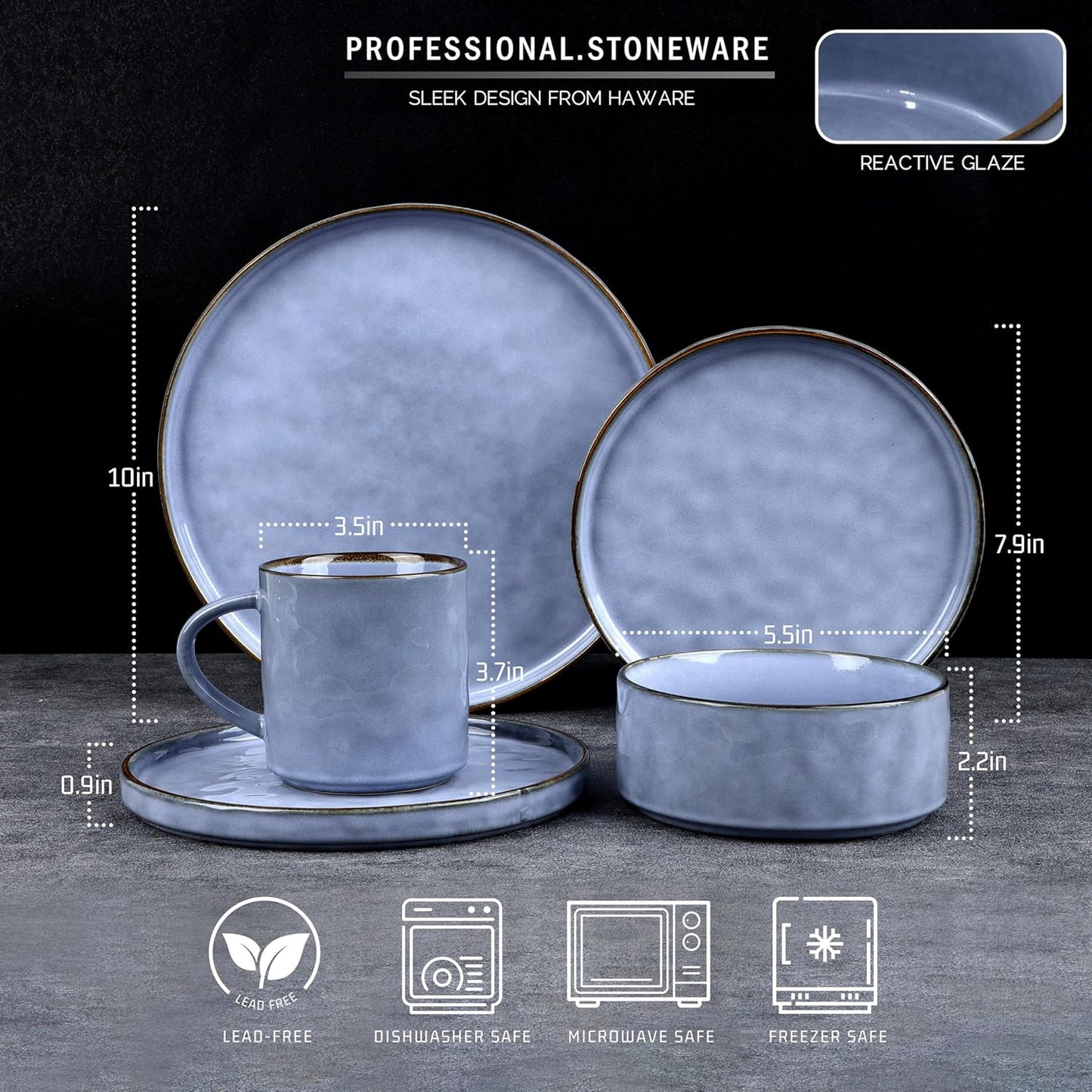 HaWare Dinnerware Sets, 16-Piece Stoneware Plates and Bowls Set, Elegant Ceramic Dish Set for 4, Chip and Scratch Resistant, Microwave and Dishwasher Safe, Reactive Blue