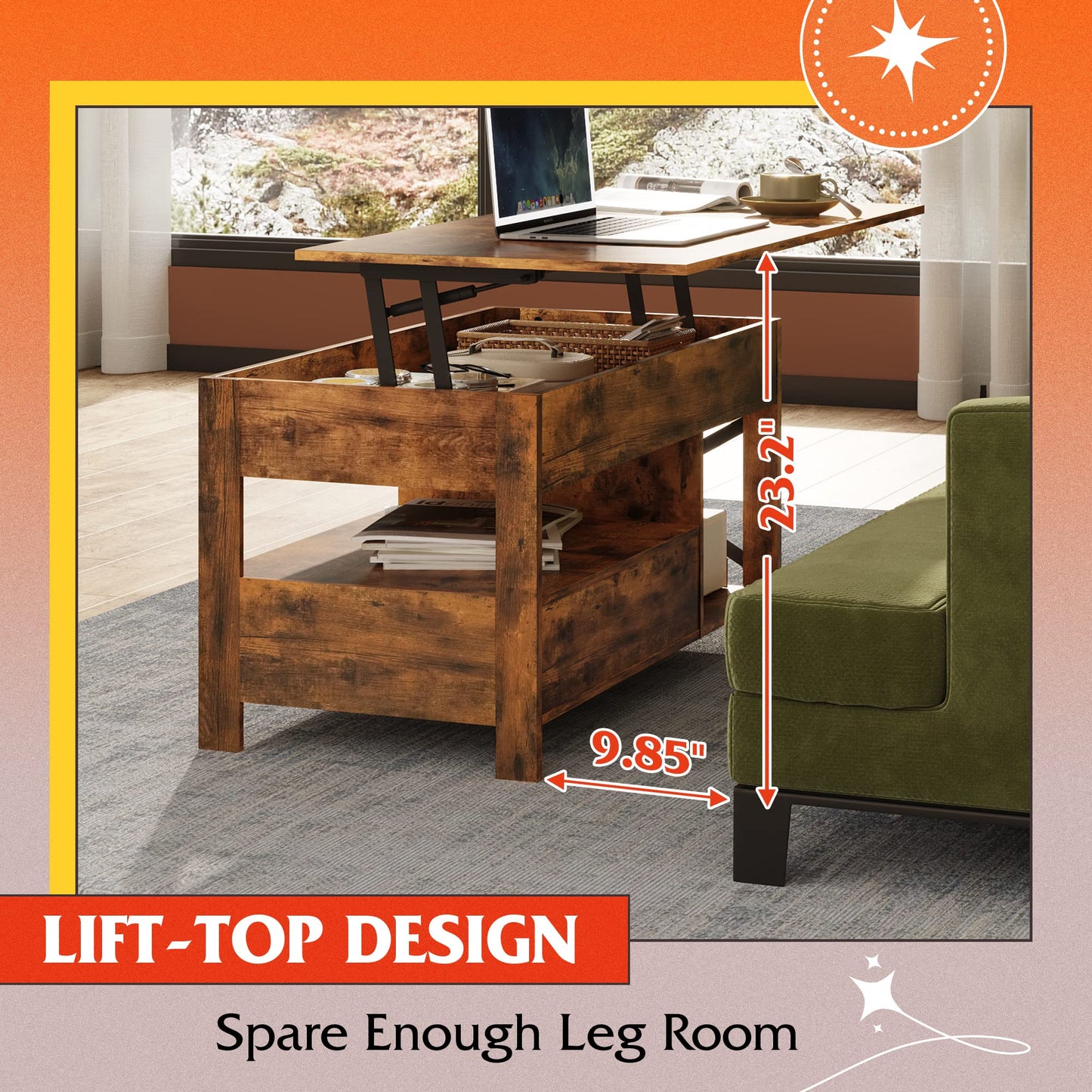 WLIVE Coffee Table, 39" Lift Top Coffee Table with Hidden Compartment, Storage Drawers and Storage Shelf for Living Room, Reception Room, Rustic Brown