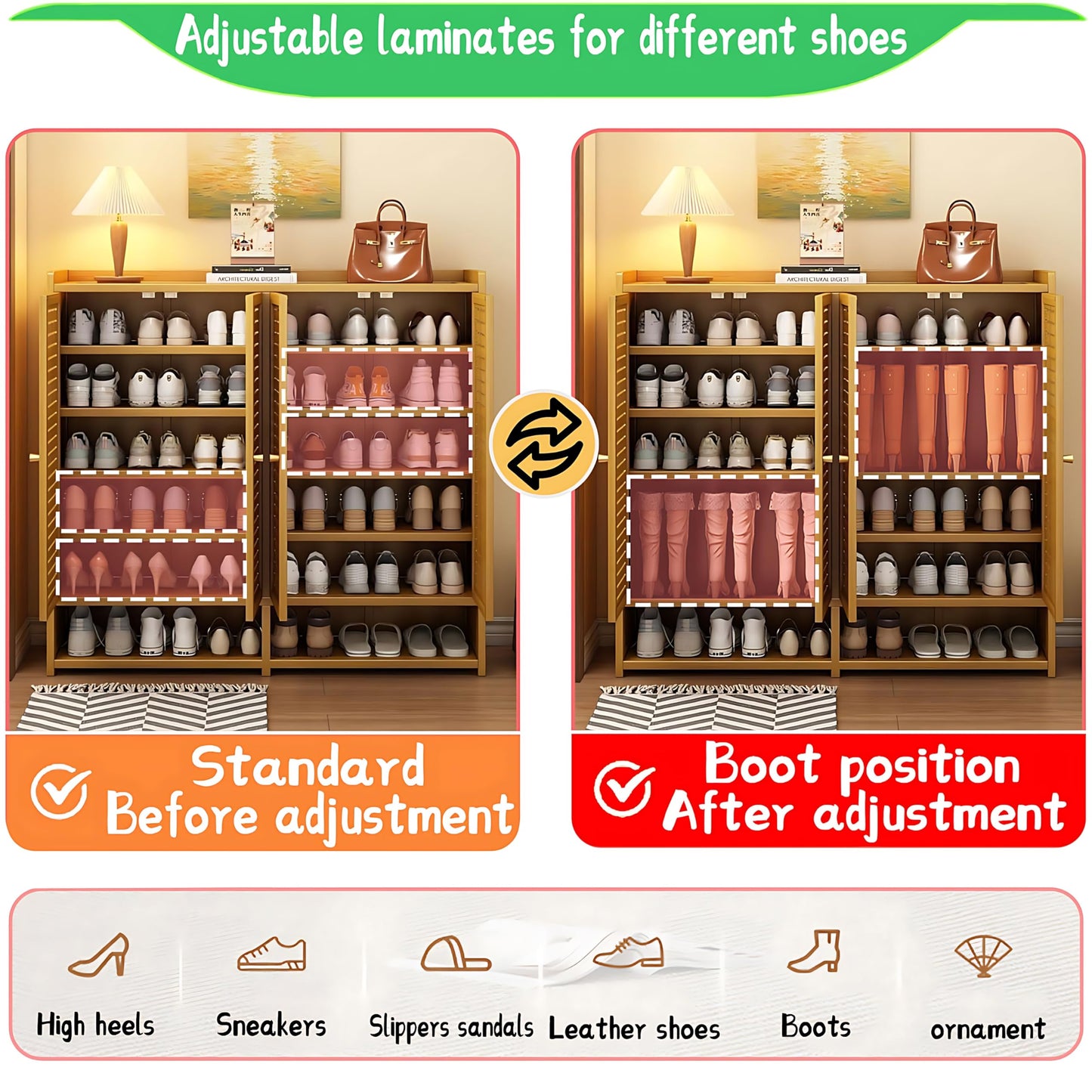 famlycokli 7-Tier Bamboo Shoe Storage Cabinet for Entryway, Shoe Cabinet with Shutter Doors, 36-40 Pairs Freestanding Shoe Rack Organizer, Shoe Organizer with Adjustable Shelves for Hallway, Closet