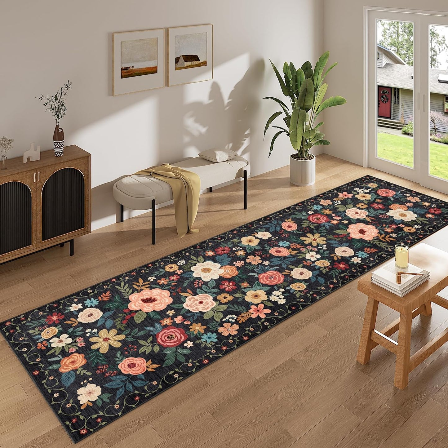 DUKINO Runner Rug, 2x10 Kitchen Runner Rug for Hallway with Non Slip Backing, Washable Low Pile Soft Boho Floral Carpet for Kitchen, Entryway, Hallway, Laundry, Bedroom, Black