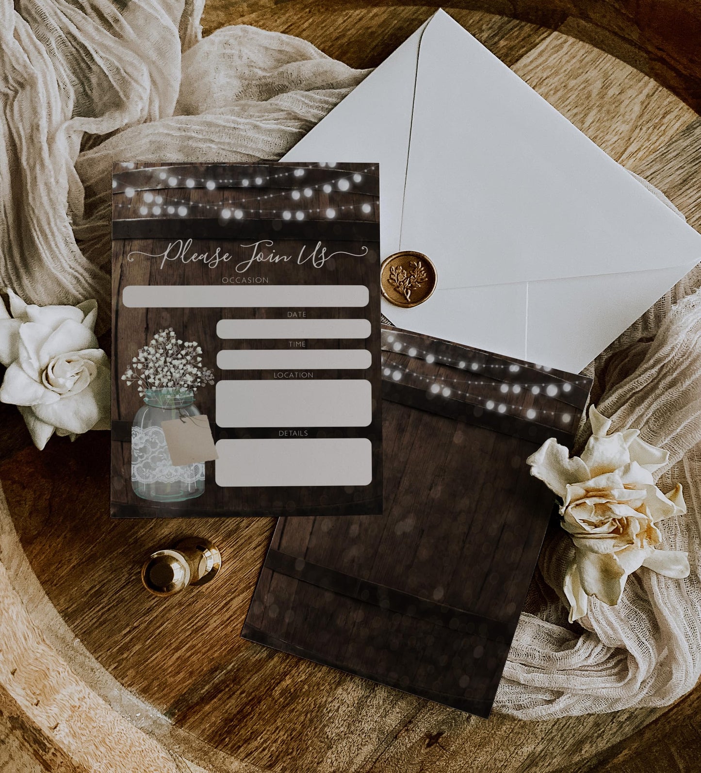 Your Main Event Prints 20 Rustic Country Wood Barrel Invitations – Fill-In Style 5x7 Invites for Wedding, Bridal Shower, Baby Shower, Birthday, Engagement, Anniversary, or Party