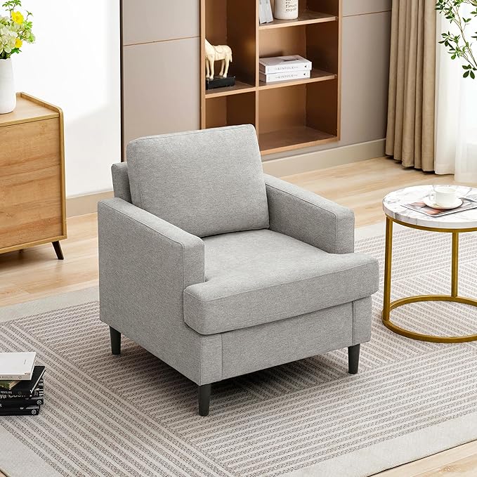 Weture Mid-Century Accent Chair,Modern Linen Fabric Armchair for Living Room,Comfy Upholstered Reading Accent Chairs for Bedroom,Single Sofa Chair with Wood Legs (Light Grey, 1 Pack)