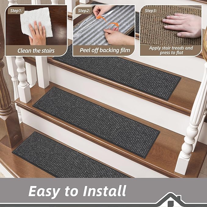BEQHAUSE Stair Treads for Wooden Steps 28inX9in, Carpet Stair Treads Non Slip Indoor, Machine Washable Stair Runners for Kids Elders and Pets, Carpet for Stair Rugs Mat, TPE Backing, 1pcs, Charcoal