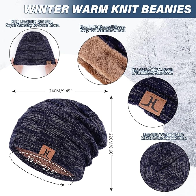 Mens Winter Beanie Hats Scarf Set Warm Knit Skull Cap Neck Warmer with Fleece Lined Winter Hat for Women
