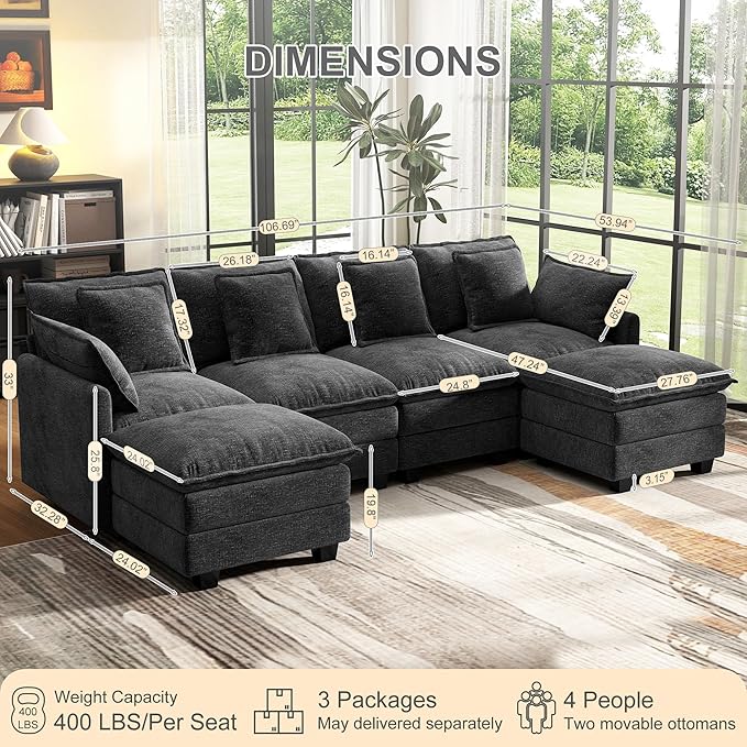 107" Cloud Couch Sectional, U Shaped Modular Sectional Sofa, 4-Seat Deep Seat Couch with 6 Removable Washable Pillows and 2 Ottoman for Living Room, Bedroom, Apartment, Black Grey