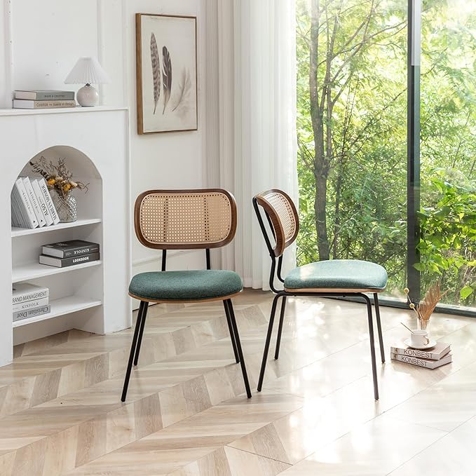 HOCEWI Rattan Dining Chairs Set of 4, Christmas Chair Mid Century Modern Dining Chairs with Cane Back for Kitchen Dining Room, 19 Inch Fabric Green