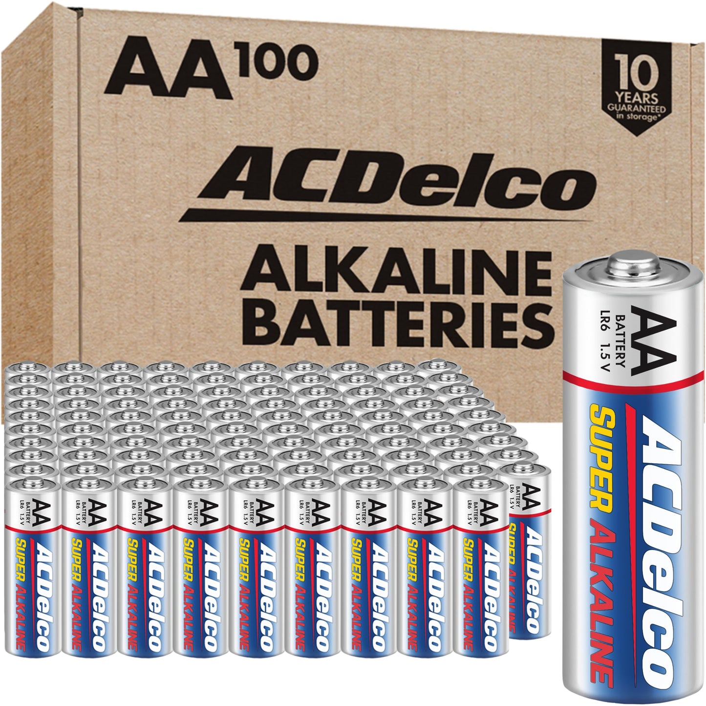 Acdelco 100-Count Aa Batteries, Maximum Power Super Alkaline Battery, 10-Year Shelf Life, Reclosable Packaging