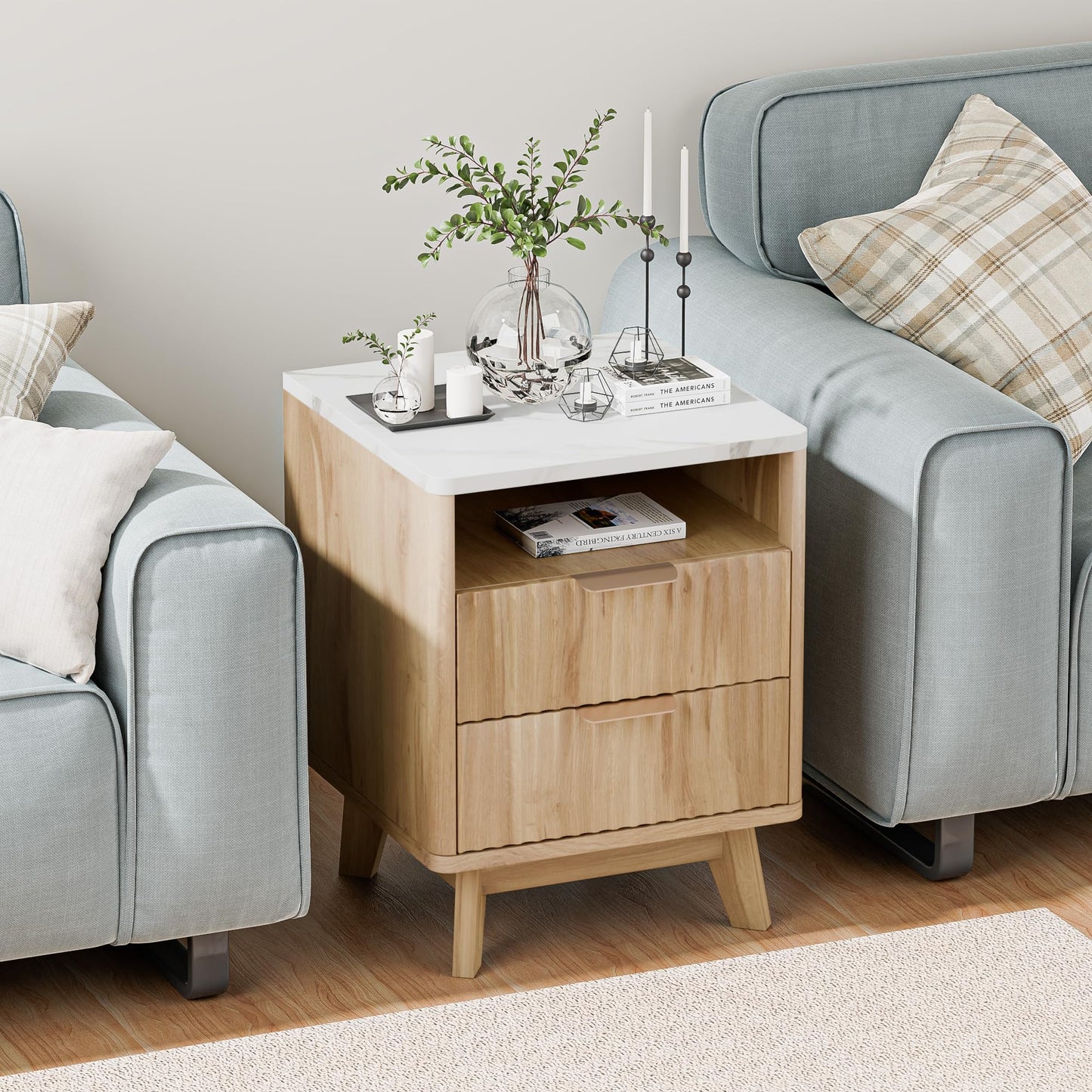 HOCAT Fluted Nightstand Set of 2, 18" Modern Bed Night Stand with Faux Marble Top, 2 Drawers, Open Storage Shelf, Living Room End Table, Curved Edge Bedside Table for Bedroom, Natural Oak