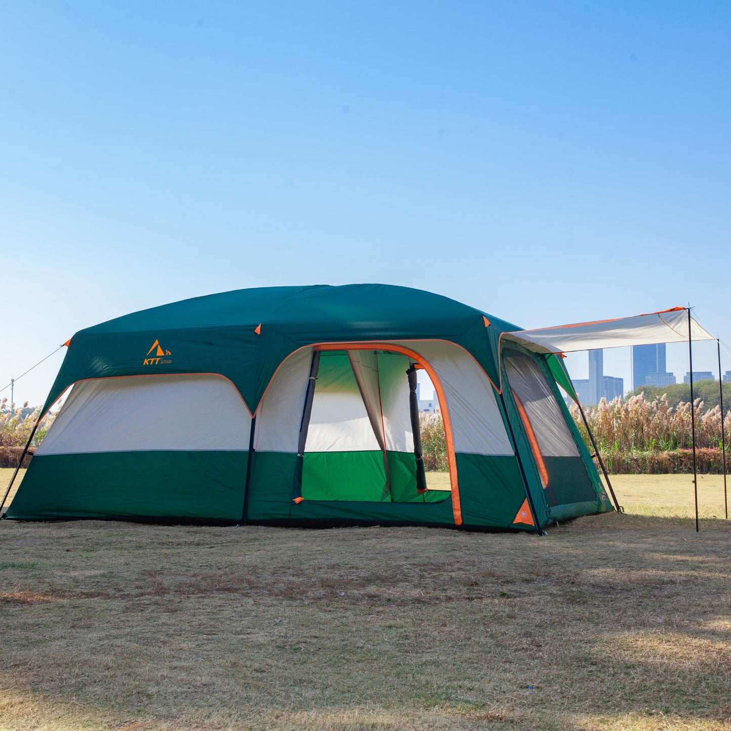 KTT Extra Large Tent 14 Person,Family Cabin Tents,2 Rooms,3 Doors and 3 Windows with Mesh,Straight Wall,Waterproof,Double Layer,Big Tent for Outdoor,Picnic,Camping,Family Gathering(Green)
