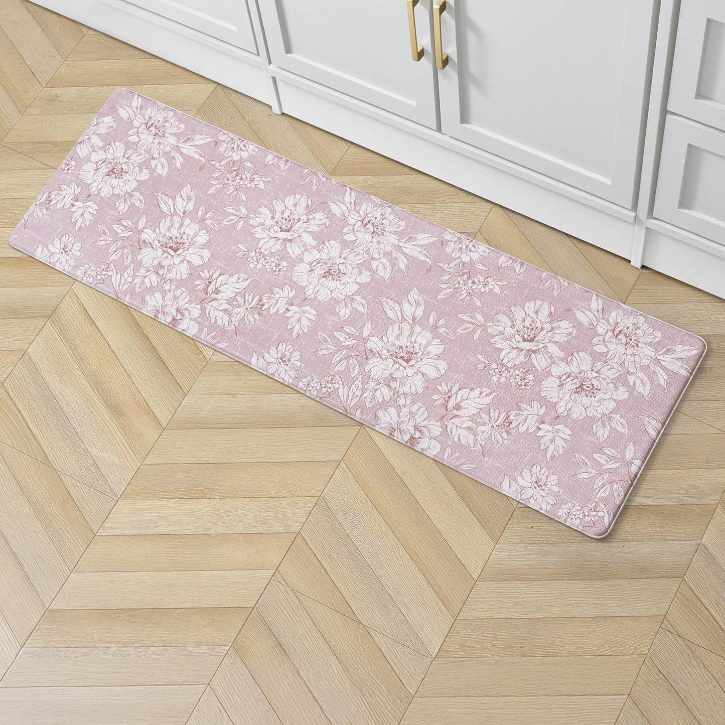 Laura Ashley - Anti-Fatigue Kitchen Mat, Iris Floral Design, Stain, Water & Fade Resistant, Cooking & Standing Relief, Non-Slip Backing, Measures 17.5" x 48", Soft Pink Iris