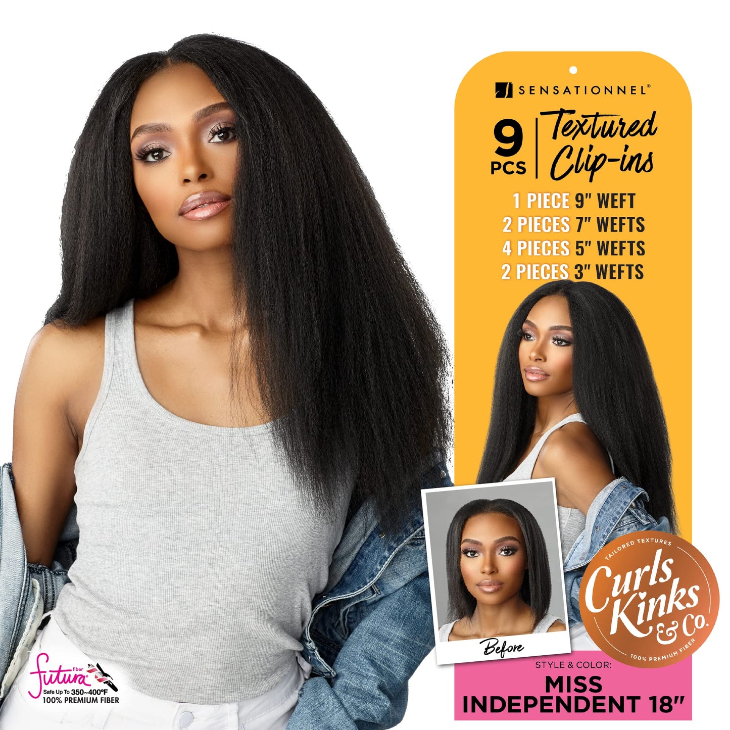 Sensationnel Curls Kinksandco Clip In - Miss Independent 18 Inch 9 Piece Pack Easy to Use Clips for Natural 3C to 4C Hair (1B OF