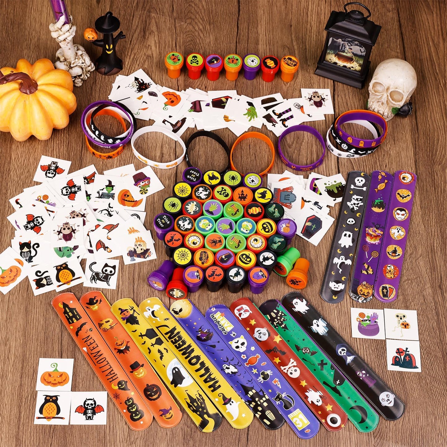 Halloween Party Favors for Kids Toys 264pcs Halloween Prizes Bulk for Kids, Goody Bag Fillers including Stamper Tattoos Slap Bracelets Rubber Bracelets Treats Non Candy Party Supplies