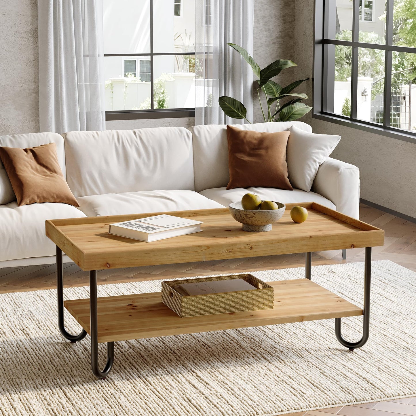 TRIBEWOOD 47.24-Inch Solid Wood Coffee Table, 2-Tier Rectangular Center Table with Curved Metal Legs, Industrial Cocktail Tea Table with Storage Shelf for Living Room, Apartment (Light Brown)