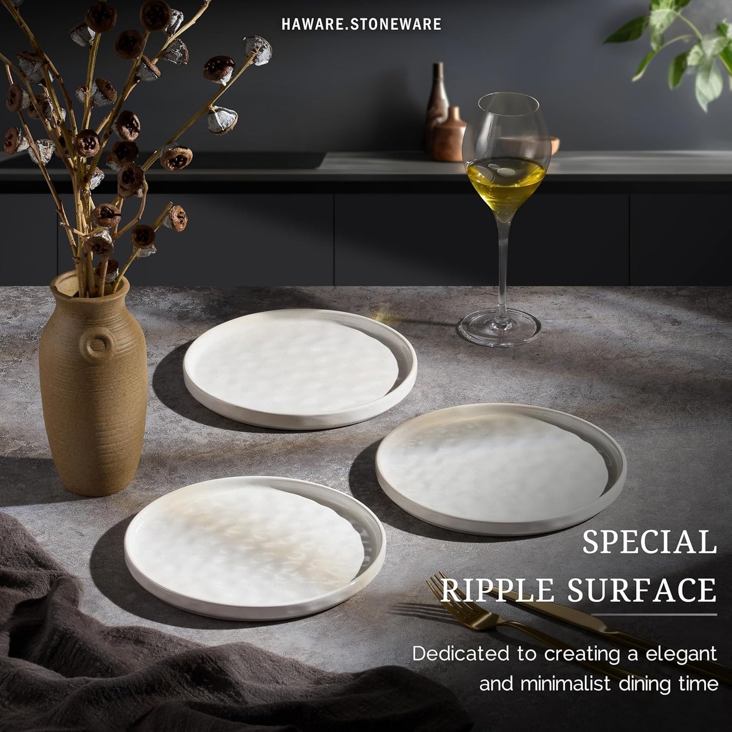 HaWare Stoneware Plates Set of 6, 7.9" Salad Plates, Reactive Glaze Ripple Ceramic Dish Set for Appetizer, Dessert, Scratch Resistant, Small Dinner Plate, Microwave and Dishwasher Safe, Speckled White