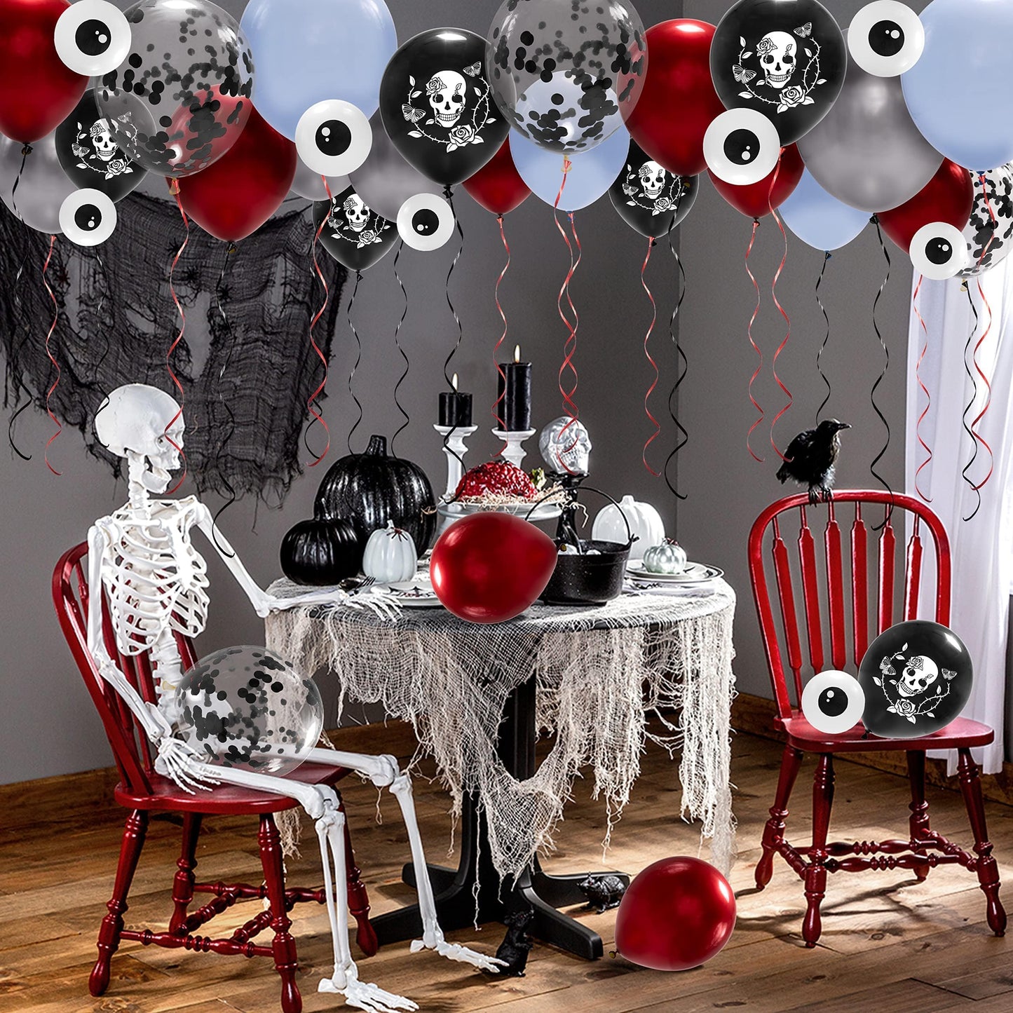 Cheerland Halloween Skull Balloons Gothic Birthday Decorations Skull Rose Decor Skeleton Party Decorations Goth Party Balloon Sugar Skull Spooky Bridal Shower Vampire Blood Balloons Backdrop 34pcs