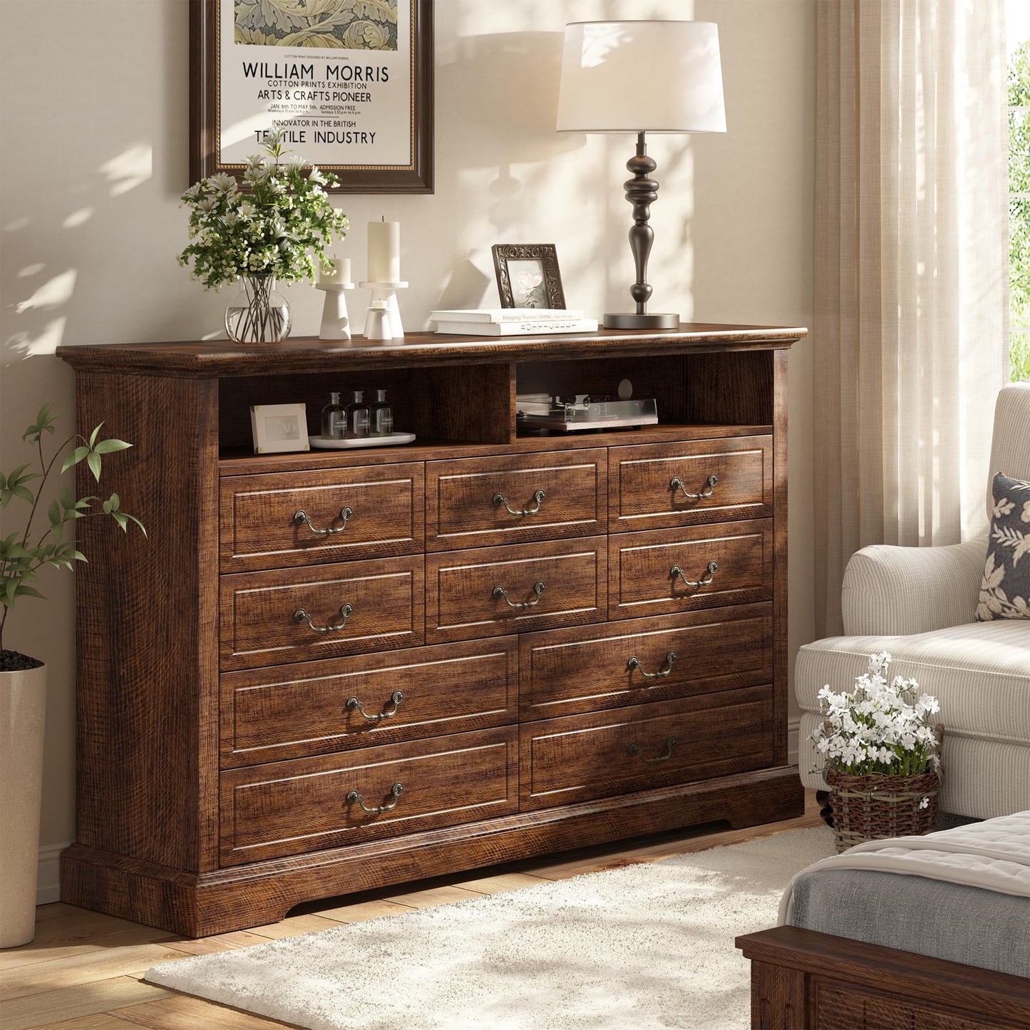 Farmhouse Dresser for Bedroom 55.2''Wide Wood Dresser with LED & Power Outlet Vintage 10 Drawers & Chests of Drawers Long Space Saver TV Stand, Closet, Entryway, Rustic Brown