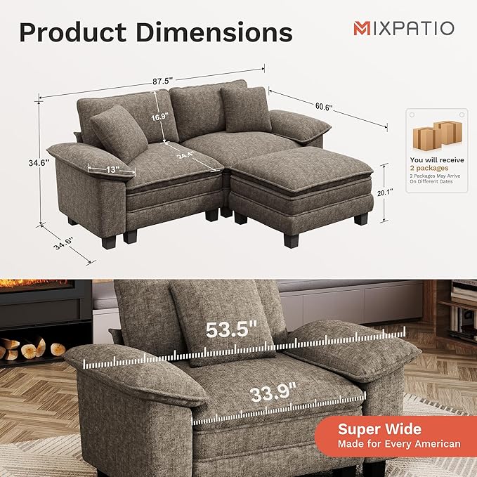 87-Inch L Shaped Sectional Sofa with Cloud Cushions, Deep Seat Modular Couch Set w/ 3 Seats & 1 Ottomans, Removable Arms, Plush Chenille Upholstery for Living Room, Apartment - Smoky Gray