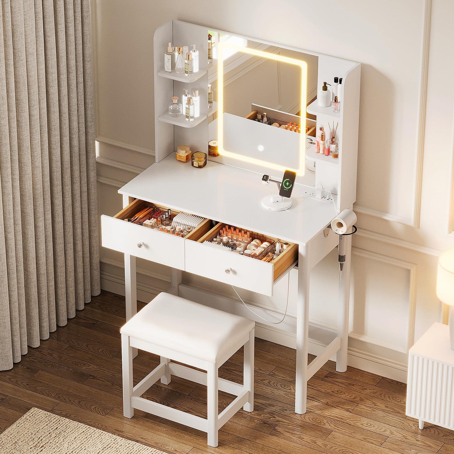 ProsperHaven Vanity Desk with Mirror and LED Lights, Small Makeup Vanity Table Set with Drawers and Chair, Dressing Table with Power Outlet for Girls Bedroom, White