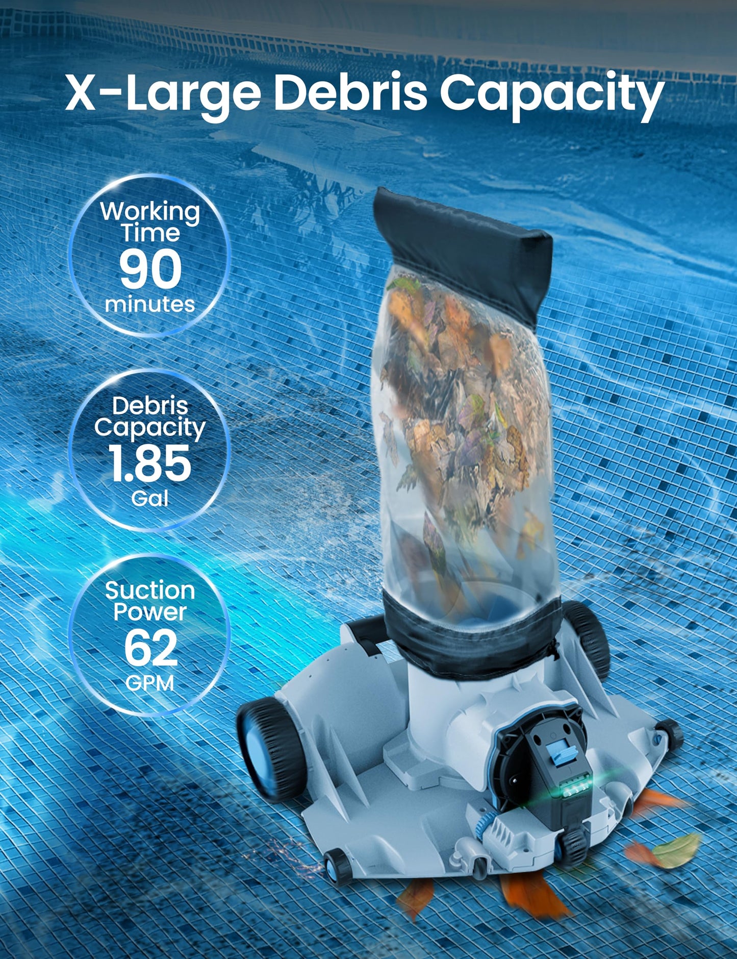 Automatic Leaf Robotic Pool Vacuum Cleaner Heavy‑Duty Pool Opening Heavy Debris 360° Ultra‑Wide Suction Inlet, 1.85‑Gal X-Large Bag, 62 GPM Flow, 90‑Min, AutoPark - Ideal for Inground Aboveground Pool