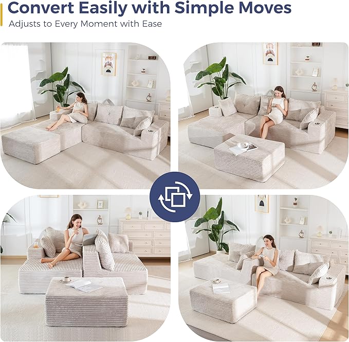 MAXYOYO 104" U-Shaped Modular Sectional Couch, Modern Boneless Couch for Living Room, Sofa in A Box, Oversized Sofa Sleeper with Deep Seat, No Assembly Required, Grayish Beige