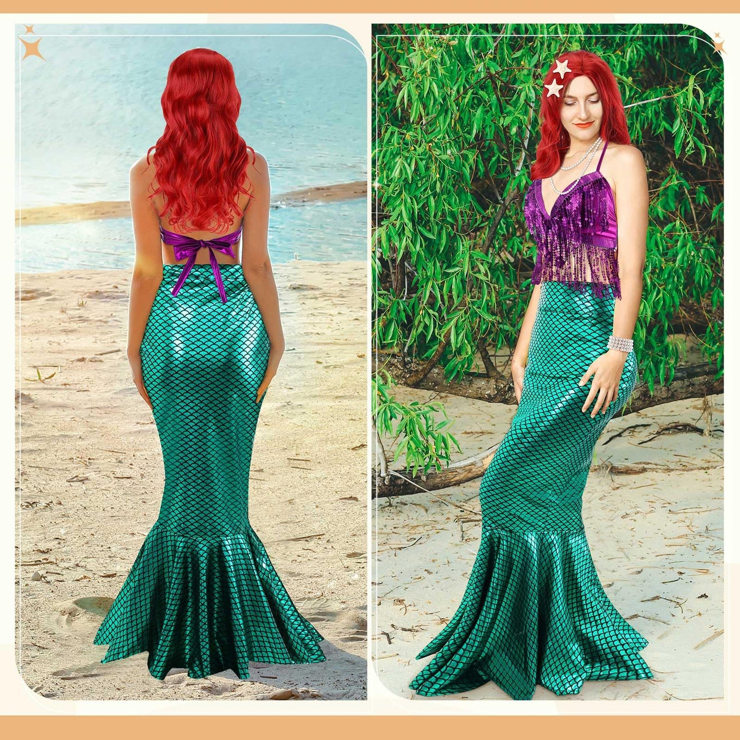 Croknit 8 Pcs Mermaid Costume for Women Halloween Costumes Sparkly Sequins Top Mermaid Skirt Wig Princesses Dress for Adults(Green,X-Large)