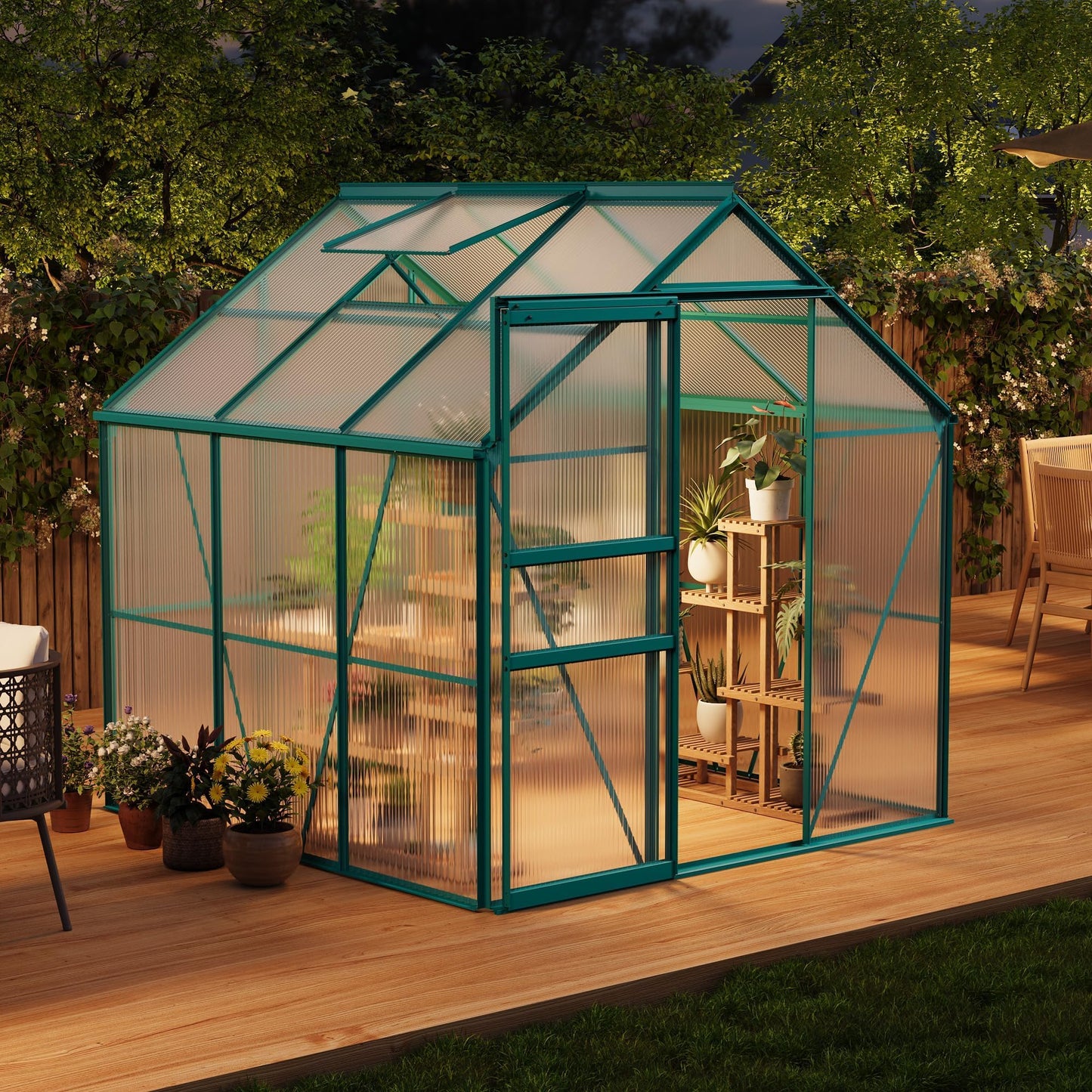 GAOMON Greenhouses, Large Walk in Greenhouses for Outdoors and Garden Planting, Polycarbonate Greenhouse with Enhanced Aluminum Frame, Sliding Door＆Adjustable Roof Vent for Winter Use (Green, 6*6FT)