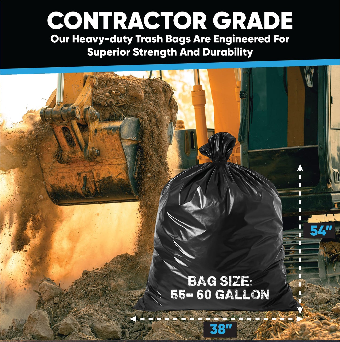 Contractor Garbage Bags 55 Gallon Heavy Duty | 50 Count | 3 Mil Construction Bags Heavy Duty with Ties | 55 Gallon Trash Bag for Contractors