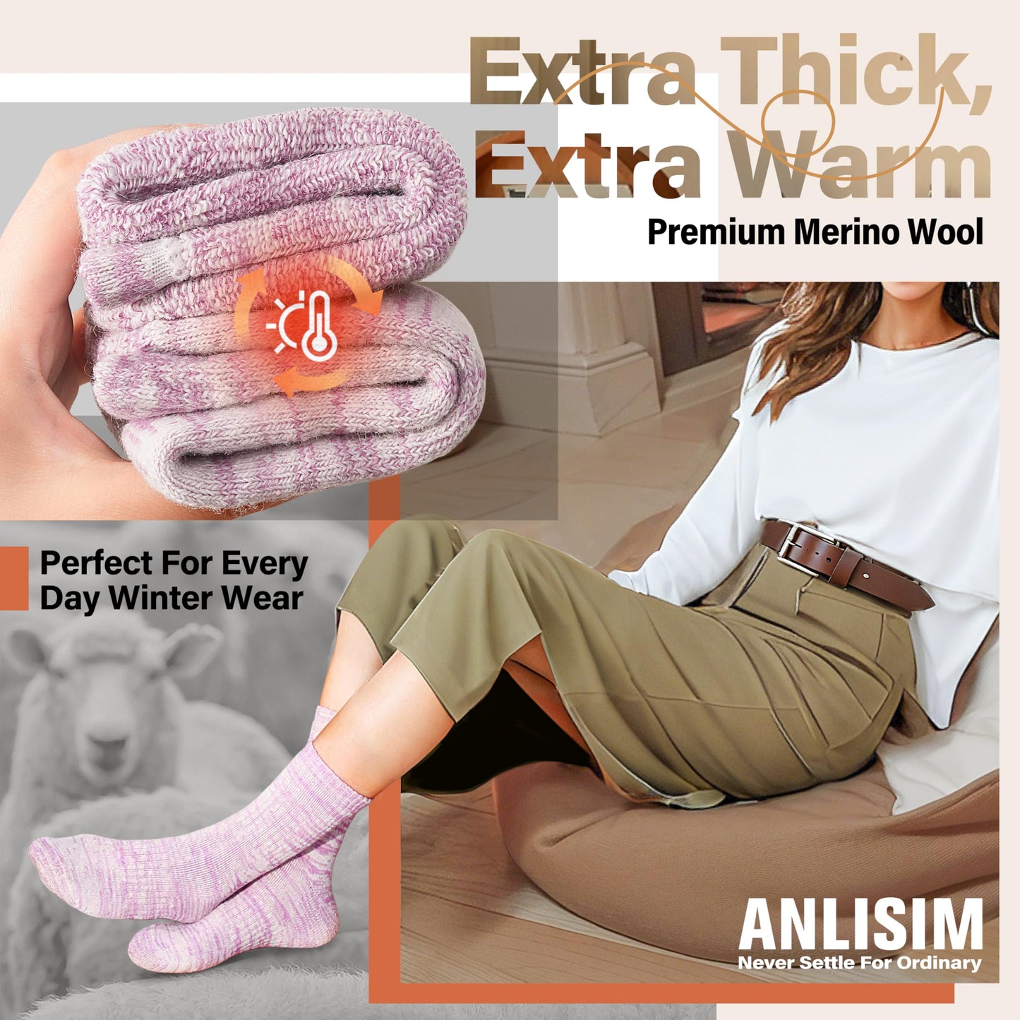 Anlisim Merino Wool Warm Boot Hiking Socks Thermal Extra Thick Winter Cozy Crew Comfy Cushioning Work Women Men Socks 4 Pairs(Color Mix,M)