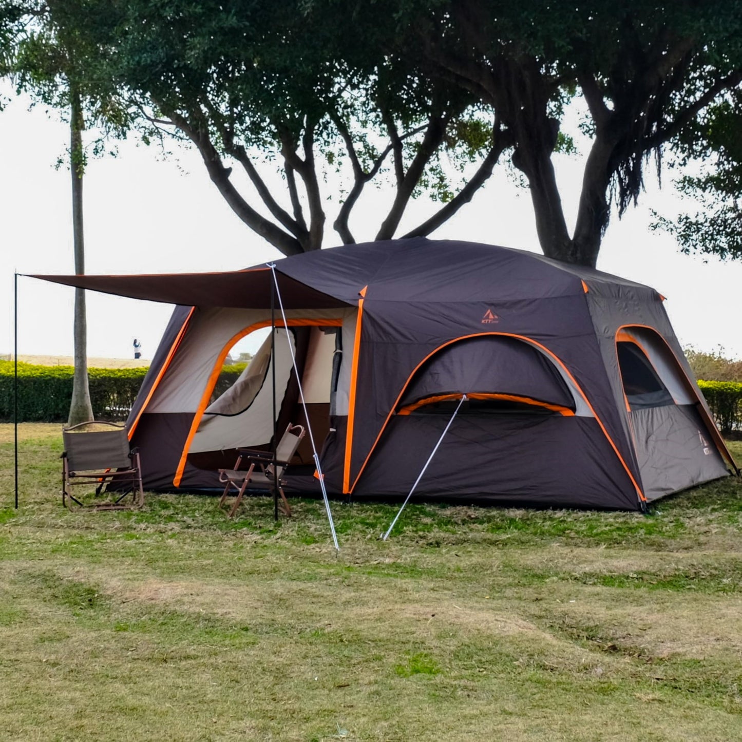 KTT Extra Large Tent 12 Person,Family Cabin Tents,Full Rainfly,2 Bay-Windows,2 Rooms and 3 Doors 3 Windows with Mesh,Waterproof,Straight Wall,Double Layer,Big Tent for Outdoor,Picnic,Camping(Brown)