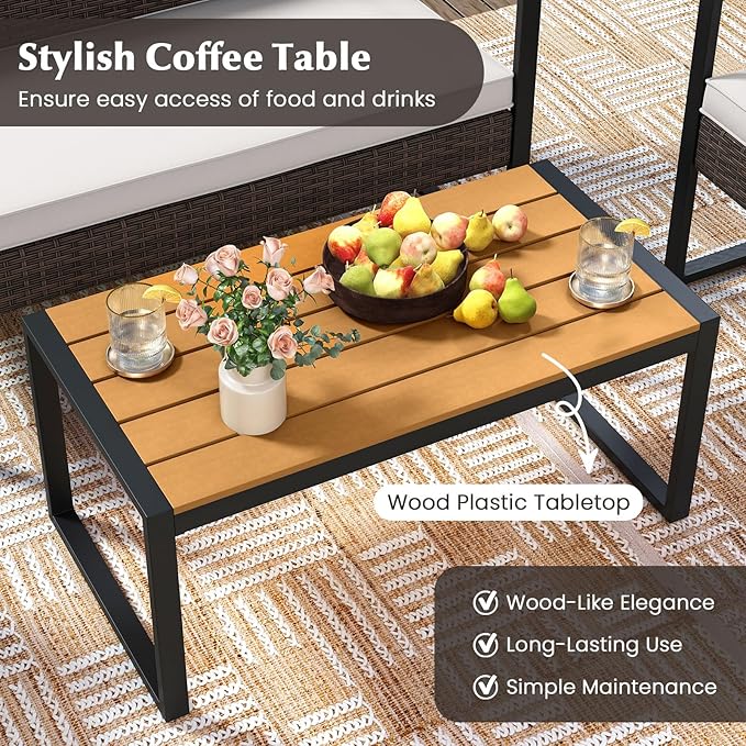 Tangkula 8 Pieces Patio Furniture Set, Outdoor Rattan Conversation Set w/Cushioned Chairs & Wood Plastic Coffee Table, Wicker Sectional Seating Furniture for Backyard, Poolside, Porch (Off White,2)