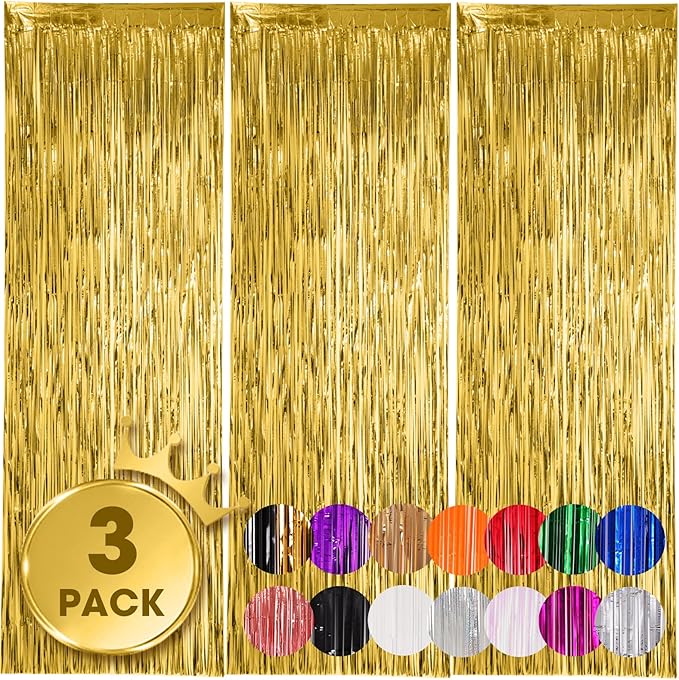Voircoloria 3 Pack 3.3x8.2 Feet Gold Foil Fringe Backdrop Curtains, Tinsel Streamers, Fringe Backdrop for 2025 New Years E...