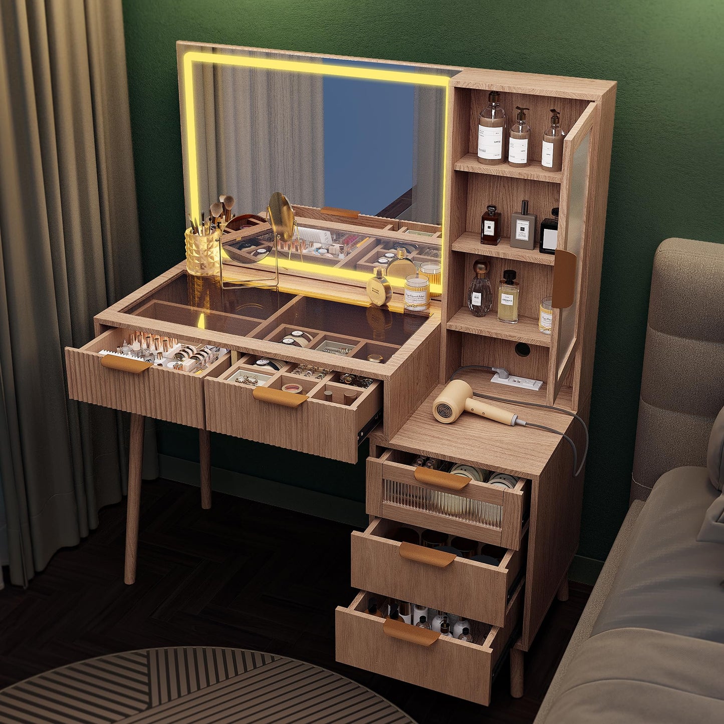Fkhouse Fluted Makeup Vanity Desk with Mirror and Lights, 5 Drawers Glass Top Makeup Vanity with 4 Storage and 9-Grid Organizer, 3 Color Ribbed Glass Dressing Table with Charging Station, Natural Oak