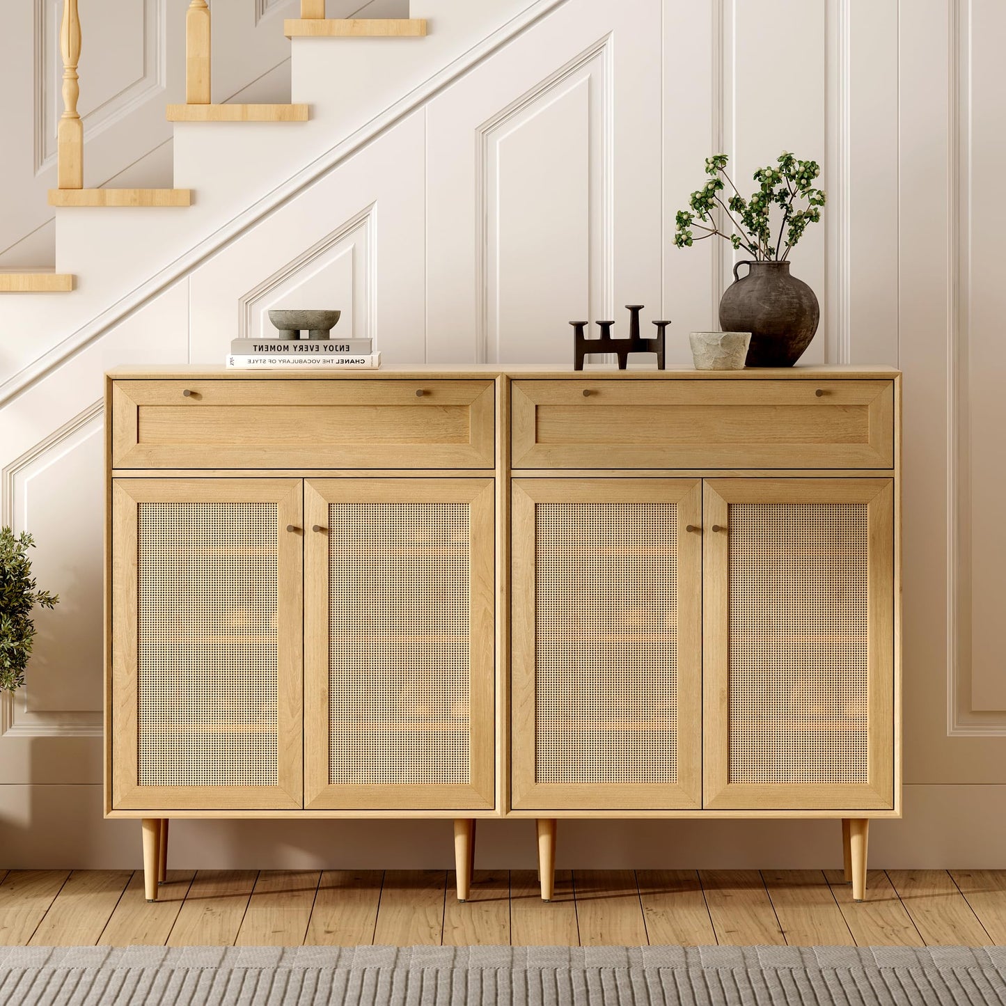 MoomJiee Farmhouse Rattan Shoe Cabinet Boho Shoe Storage Cabinet with 2 Doors Large Wooden Freestanding Shoe Rack Organizer with 4-Tier for Hallway, Entryway, Living Room, Natural Oak