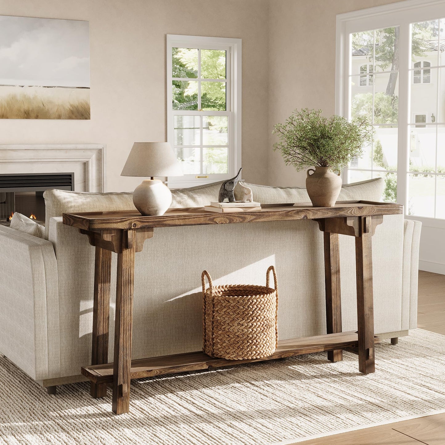 TRIBEWOOD Solid Wood Console Table for Entryway, 63-Inch Long Farmhouse Sofa Table Behind Couch with 2-Tier Storage, for Living Room, Foyer, Hallway, Entrance, Rustic Brown