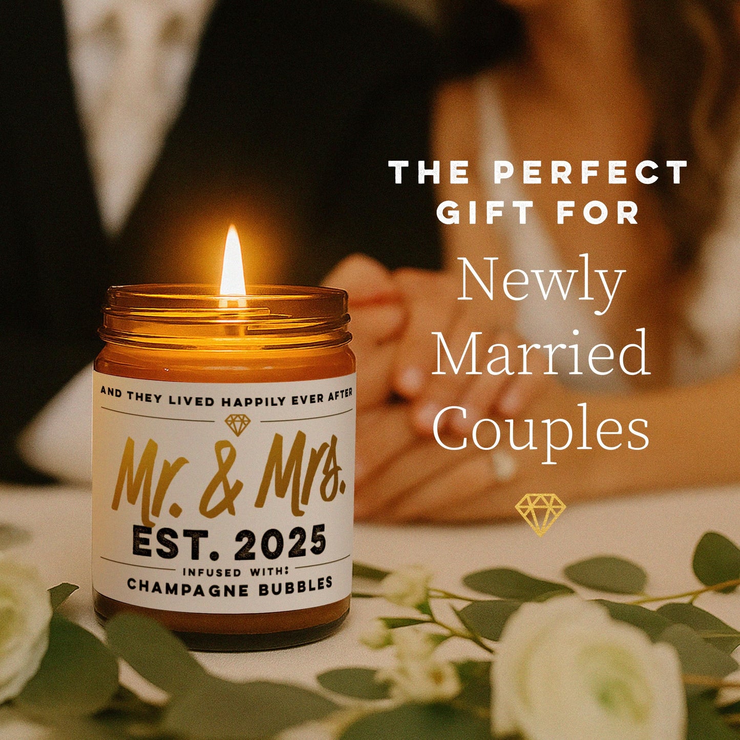 WAX & WIT Wedding Gifts for Couples 2025, Mr and Mrs Candle – Scented with Champagne Bubbles - Bridal Shower, Bride to Be, Just Married - 9oz, Soy Wax, 50 Hour Burn, Premium Candle Gifts