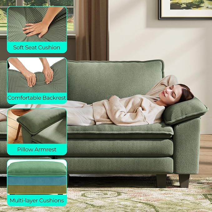 LINSY HOME 157'' Modular Sectional Sofa Green Couch Corduroy Cloud Couches for Living Room, U Shaped Couch with Movable Ottoman, Modern Cloud Sectional Sofas for Bedroom and Apartment, Green