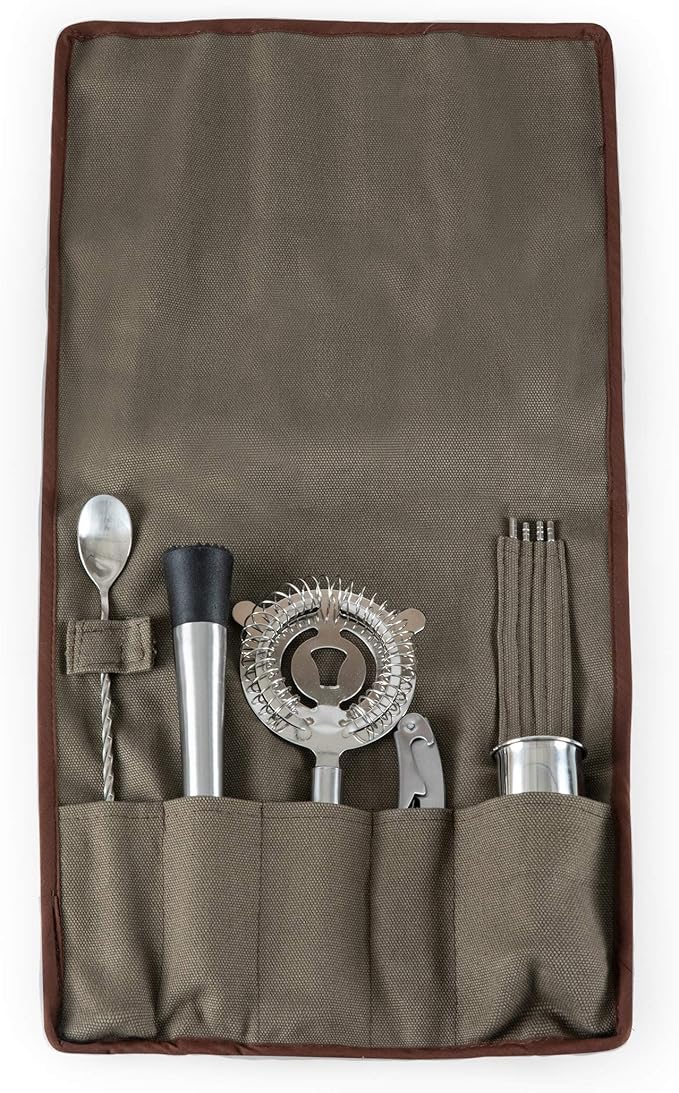 PICNIC TIME 10-Piece Bar Tool Roll Up Kit, Travel Bartender Kit with Bag and Cocktail Set, Mixology Bartender Travel Set w...