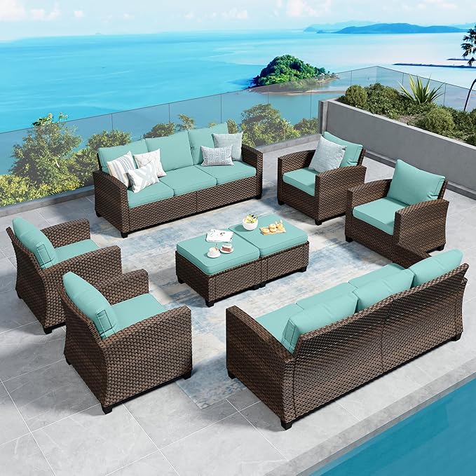 SUNSHINE VALLEY Patio Furniture Set Outdoor Furniture Brown Wicker Rattan Patio Conversation Sets with Cushion Outside Sofa Set,8 Pieces 12 Seats,Blue