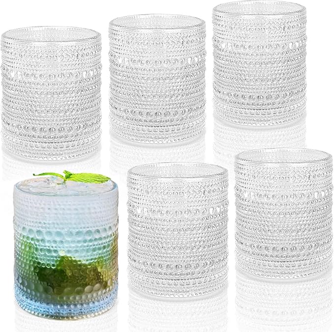 Hobnail Drinking Glasses Set of 6, 10 oz, Cocktail Glasses Vintage Glasses Drinking Set Glass Cups Mixed Drinkware Set Vin...