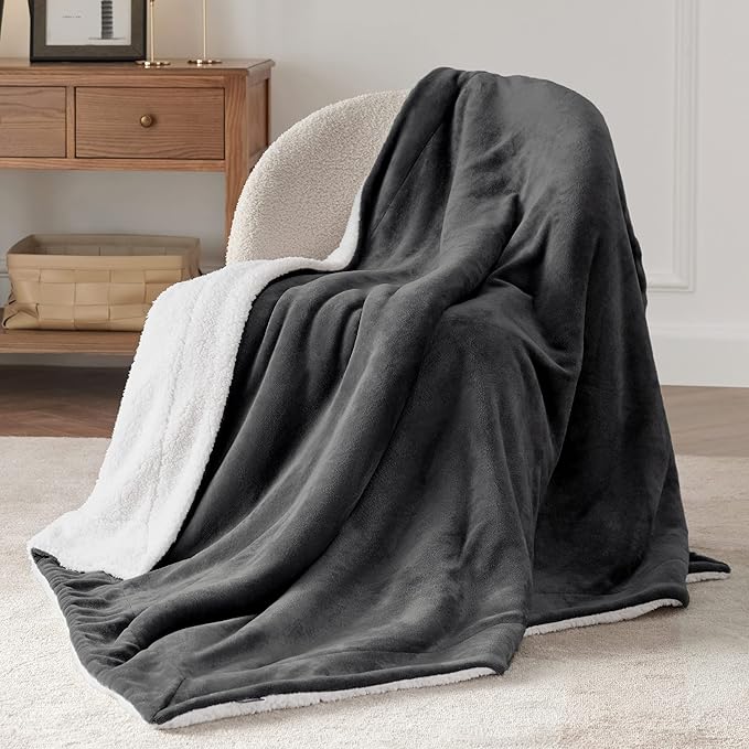 Bedsure GentleSoft Sherpa Fleece Throw Blanket for Couch - Thick and Warm Throw for Women and Men, Soft Fuzzy Plush Car Blanket for Winter, Non-Heated, Charcoal, 50x60 Inches