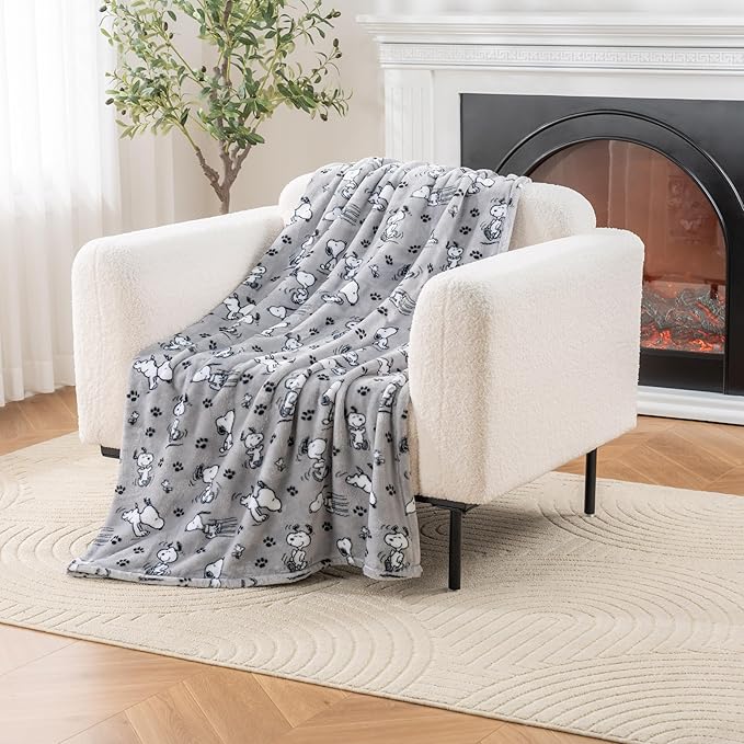 Berkshire Blanket Peanuts® VelvetLoft® Cute Character Snoopy Plush Throw Blanket,Peanuts Poses and Paws Grey,Throw 55 in x...