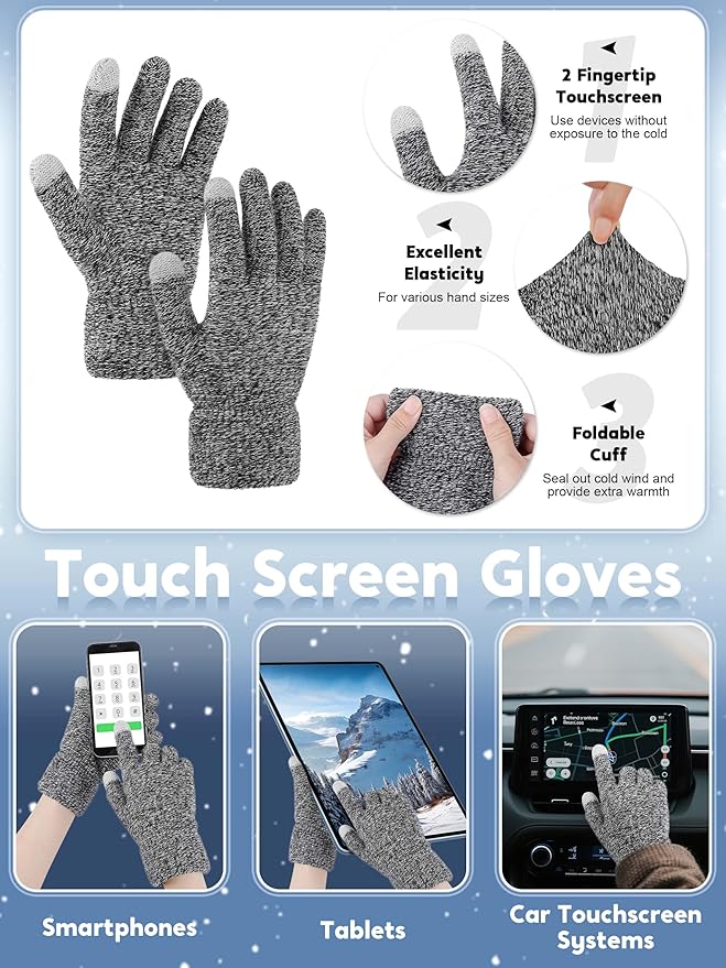 URATOT 4-In-1 Winter Warm Sets Knitted Scarf Touch Screen Gloves Beanie Pompom Hat and Winter Ear Warmer for Men or Women