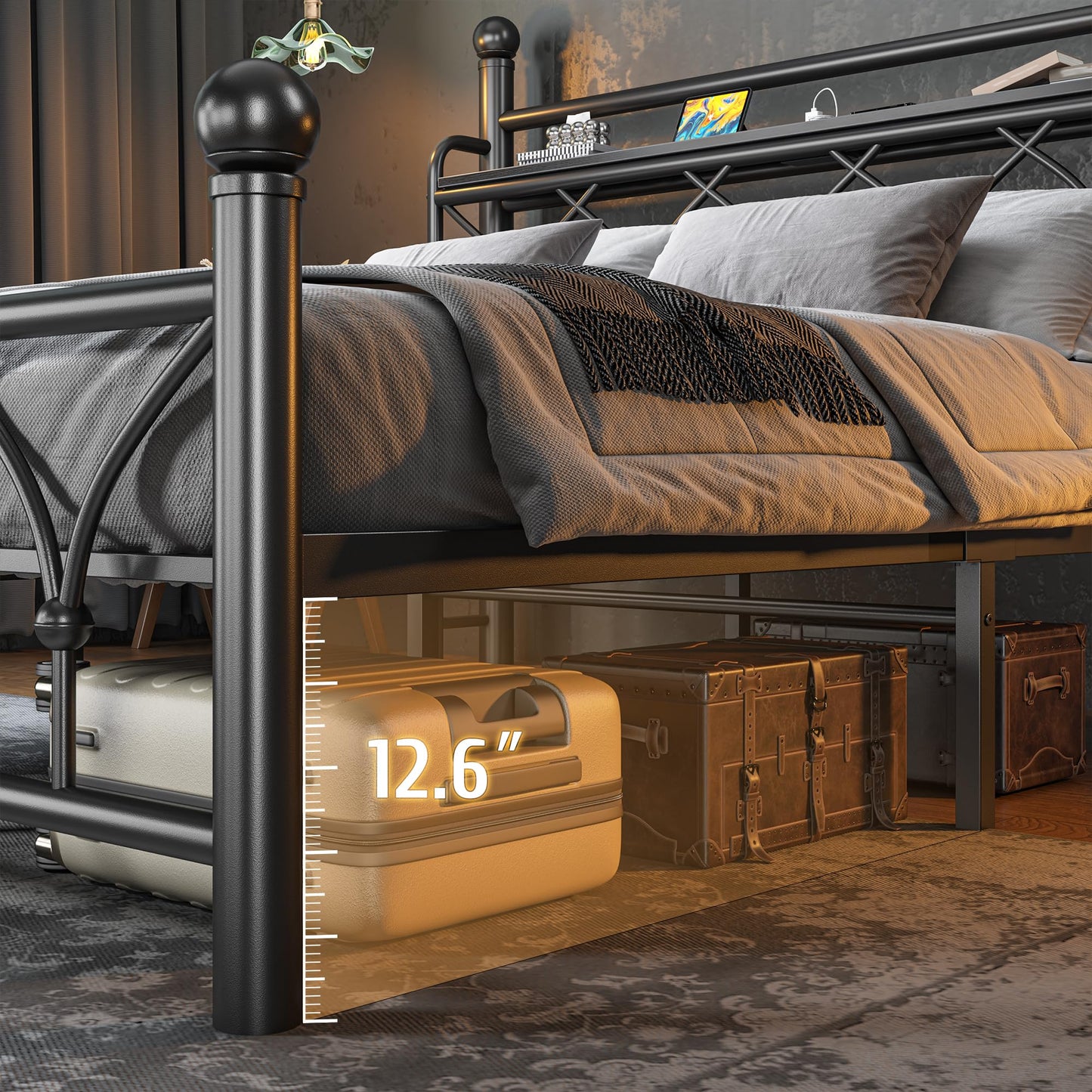 EnHomee Queen Bed Frame with Headboard, Metal Bed Frame Queen Size with LED Lights and Power Outlets, Heavy Duty Steel Slats Support with Storage, Sturdy & Noise-Free, No Box Spring Needed, Black